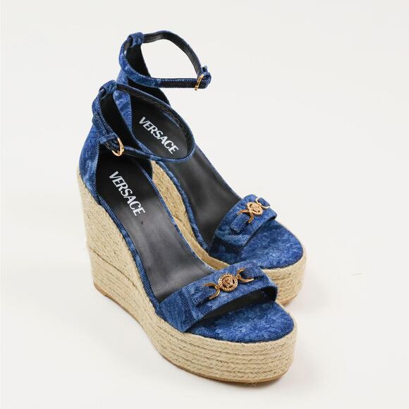 Versace Women Ankle Strap Espadrille Platform Wedge Sandals Navy Size 41EU/11US - Picture 2 of 7